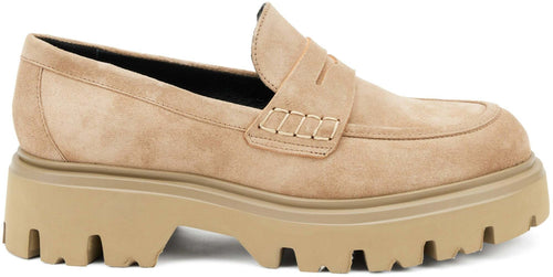 Frau Mocassini Donna Camoscio Beige Chiaro Mocassino In Pelle Scamosciata Con Suola Carro Maxi Suola Plateau 4.5cm Made In Italy