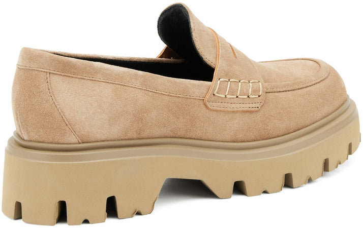 Frau Mocassini Donna Camoscio Beige Chiaro Mocassino In Pelle Scamosciata Con Suola Carro Maxi Suola Plateau 4.5cm Made In Italy