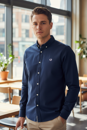 Fred Perry Camicia Uomo 100% Cotone Slim Fit Logo Ricamato Camicia Con Tasca Laterale