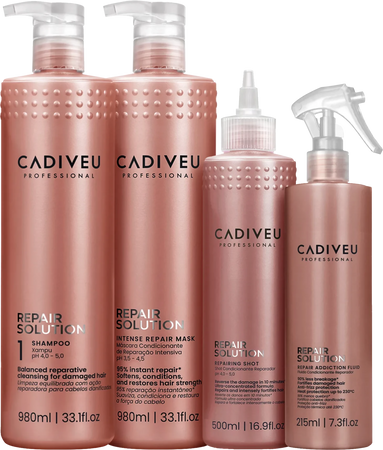 Cadiveu repair solution kit composto da: shampoo 980 ml + intense repair mask 980 ml + repairing shot 500 ml + repair addiction fluid 215 ml