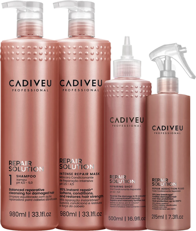Cadiveu repair solution kit composto da: shampoo 980 ml + intense repair mask 980 ml + repairing shot 500 ml + repair addiction fluid 215 ml