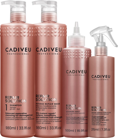 Cadiveu repair solution kit composto da: shampoo 980 ml + intense repair mask 980 ml + repairing shot 500 ml + repair addiction fluid 215 ml