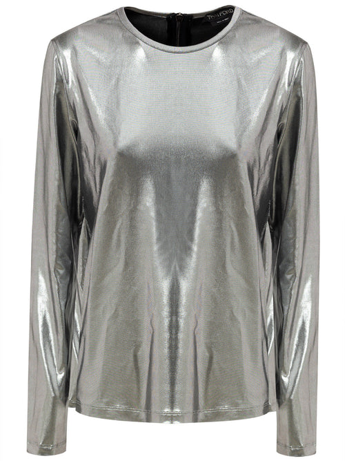 Tom Ford Maglietta in tessuto metallizzato argento da donna