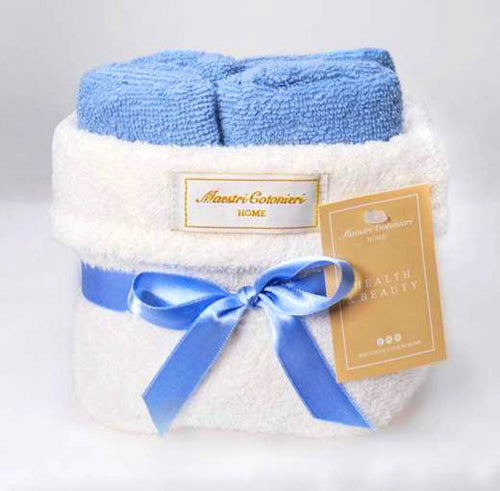 Set lavette Maestri Cotonieri 30x30 in spugna con cestino decorativo, accessorio bagno raffinato.