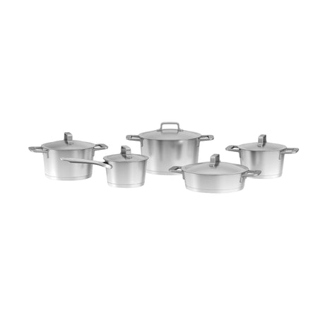 Set pentole Berghoff Meta 10 pezzi in acciaio riciclato, con fondo termico, indicatori interni e coperchi, compatibile con induzione