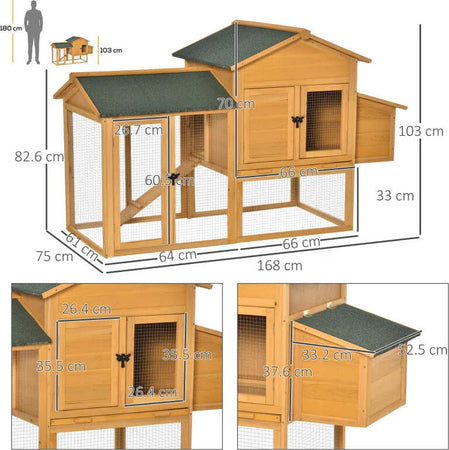 Gabbia-per-Galline-con-Casetta-e-Area-Aperta,-Nido-con-Tetto-Apribile-e-Rete-Metallica,-Pollaio-in-Legno-Giallo,-168x75x103cm-JD7D51-191LD7