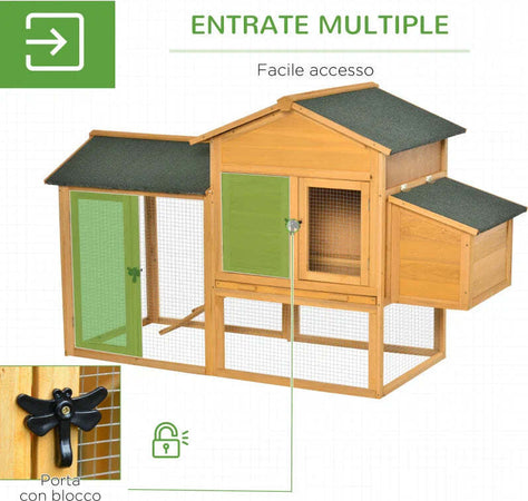 Gabbia-per-Galline-con-Casetta-e-Area-Aperta,-Nido-con-Tetto-Apribile-e-Rete-Metallica,-Pollaio-in-Legno-Giallo,-168x75x103cm-JD7D51-191LD7