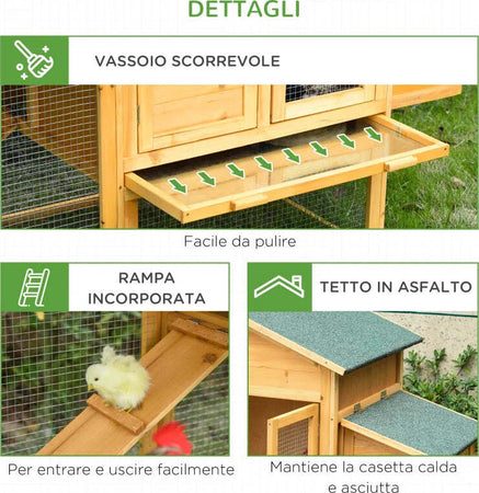 Gabbia-per-Galline-con-Casetta-e-Area-Aperta,-Nido-con-Tetto-Apribile-e-Rete-Metallica,-Pollaio-in-Legno-Giallo,-168x75x103cm-JD7D51-191LD7