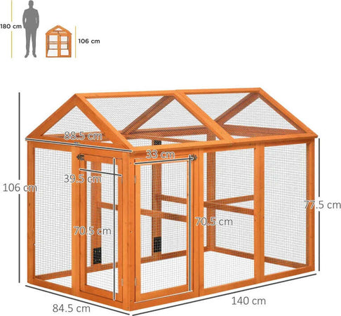 Gabbia-per-Galline-in-Legno-con-Porte-Multiple-e-Rete-in-Metallo,-140x88.5x106cm,-Arancione-HJ8D51-364V00OGHJ8