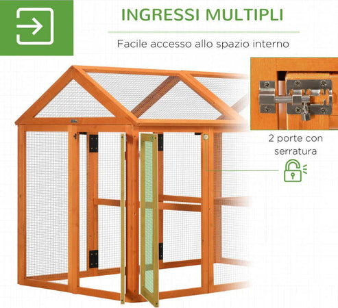Gabbia-per-Galline-in-Legno-con-Porte-Multiple-e-Rete-in-Metallo,-140x88.5x106cm,-Arancione-HJ8D51-364V00OGHJ8