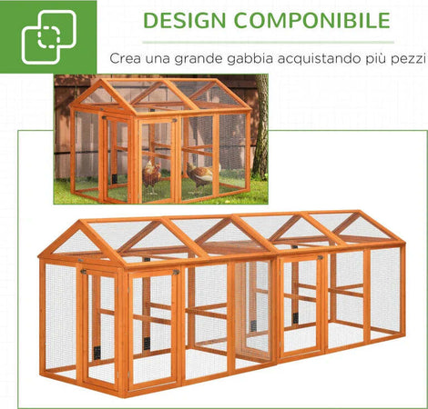Gabbia-per-Galline-in-Legno-con-Porte-Multiple-e-Rete-in-Metallo,-140x88.5x106cm,-Arancione-HJ8D51-364V00OGHJ8
