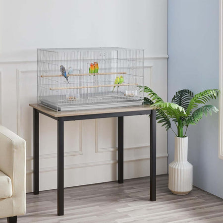 Gabbia-Voliera-Grigia-per-Uccelli-Volatili-Pappagalli-2-Mangiatoie-77.5x46.5x46cm