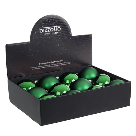 Confezione 12 "VT" palline per albero di natale in vetro color Verde Lucido e Opaco decorazione natalizia