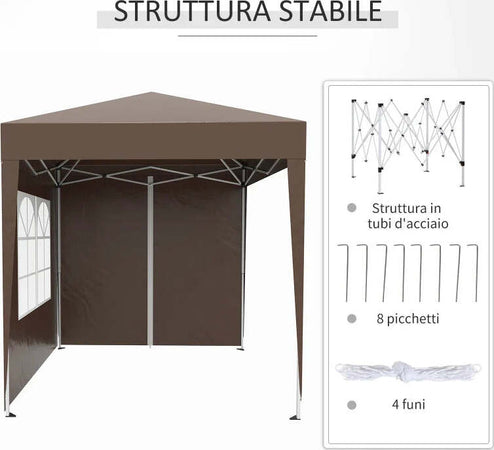 Gazebo-2x2-m-Pieghevole-con-4-Pareti-Rimovibili-e-Borsa-da-Trasporto,-in-Metallo-e-Poliestere,-Marrone--100110-066CE