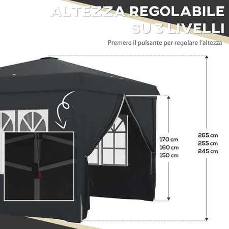 Gazebo-3x3-ad-Altezza-Regolabile-con-Fori-di-Drenaggio-e-Borsa-da-Trasporto,-in-Metallo,-Grigio-84C-460V00CG