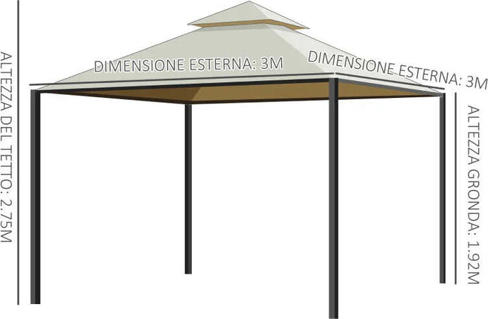 Gazebo-da-Giardino-3-x-3m-con-4-Tende-Laterali-e-Doppio-Tetto-Beige-84C-033