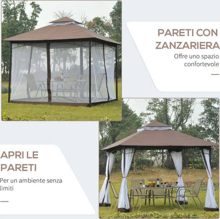 Gazebo-da-Giardino-3x3m-con-Zanzariera,-Telaio-in-Acciaio-e-Doppio-Tettuccio,-Bianco-84C-010CF