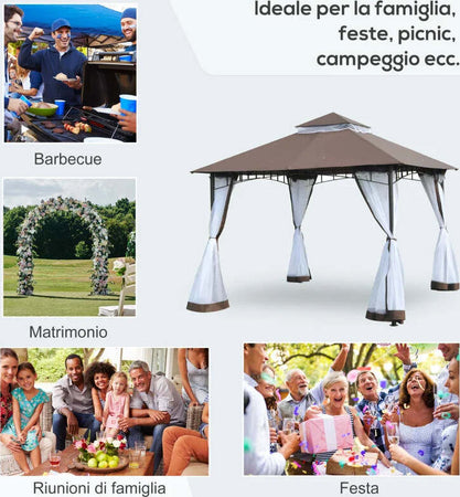 Gazebo-da-Giardino-3x3m-con-Zanzariera,-Telaio-in-Acciaio-e-Doppio-Tettuccio,-Bianco-84C-010CF