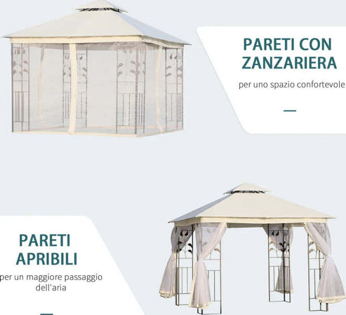 Gazebo-da-Giardino-3x3m-con-Zanzariera,-Telaio-in-Acciaio-e-Doppio-Tettuccio,-Bianco-84C-100