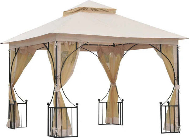 Gazebo-da-Giardino-3x3m-in-Metallo-con-Zanzariere-e-Tettuccio-in-Poliestere,-Beige-84C-005
