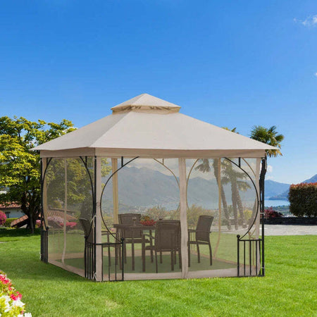 Gazebo-da-Giardino-3x3m-in-Metallo-con-Zanzariere-e-Tettuccio-in-Poliestere,-Beige-84C-005