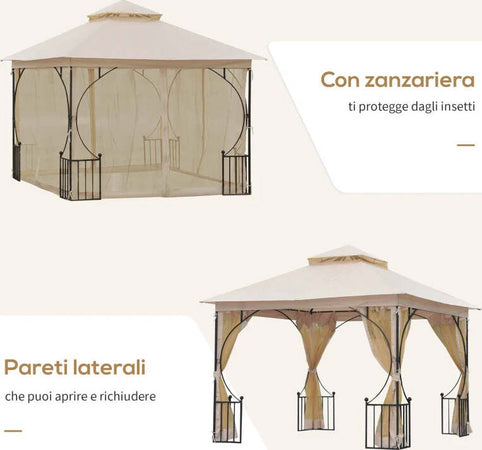 Gazebo-da-Giardino-3x3m-in-Metallo-con-Zanzariere-e-Tettuccio-in-Poliestere,-Beige-84C-005