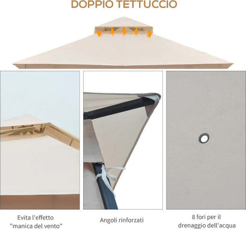 Gazebo-da-Giardino-3x3m-in-Metallo-con-Zanzariere-e-Tettuccio-in-Poliestere,-Beige-84C-005