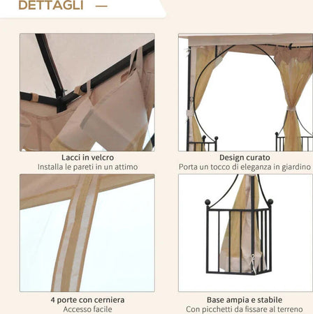 Gazebo-da-Giardino-3x3m-in-Metallo-con-Zanzariere-e-Tettuccio-in-Poliestere,-Beige-84C-005