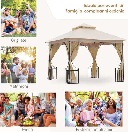 Gazebo-da-Giardino-3x3m-in-Metallo-con-Zanzariere-e-Tettuccio-in-Poliestere,-Beige-84C-005