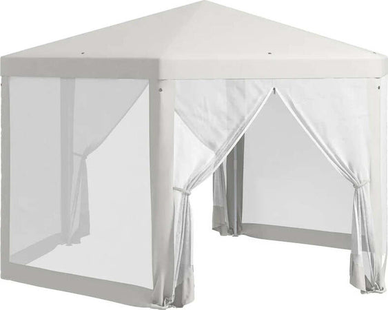 Gazebo-da-Giardino-Esagonale-con-Doppio-Ingresso,-in-Metallo-e-Poliestere,-3.94x3.94x2.5-m,-Crema-84C-044V02CW