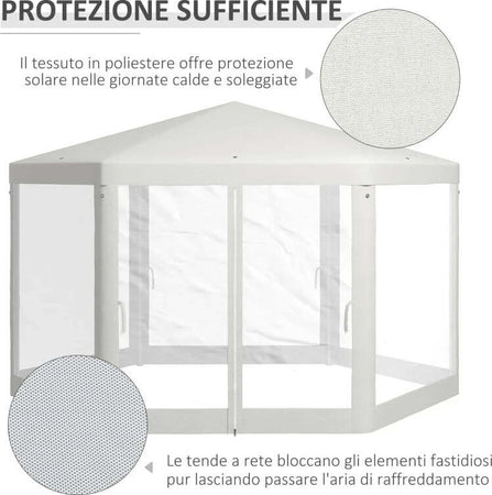 Gazebo-da-Giardino-Esagonale-con-Doppio-Ingresso,-in-Metallo-e-Poliestere,-3.94x3.94x2.5-m,-Crema-84C-044V02CW