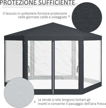 Gazebo-da-Giardino-Esagonale-con-Doppio-Ingresso,-in-Metallo-e-Poliestere,-3.94x3.94x2.5-m,-Grigio-84C-044V02CG