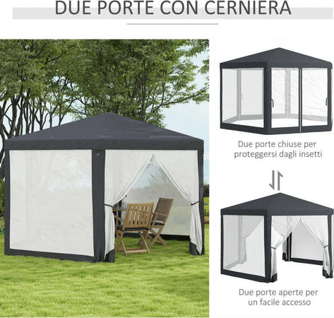 Gazebo-da-Giardino-Esagonale-con-Doppio-Ingresso,-in-Metallo-e-Poliestere,-3.94x3.94x2.5-m,-Grigio-84C-044V02CG