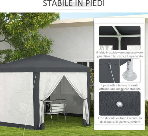 Gazebo-da-Giardino-Esagonale-con-Doppio-Ingresso,-in-Metallo-e-Poliestere,-3.94x3.94x2.5-m,-Grigio-84C-044V02CG
