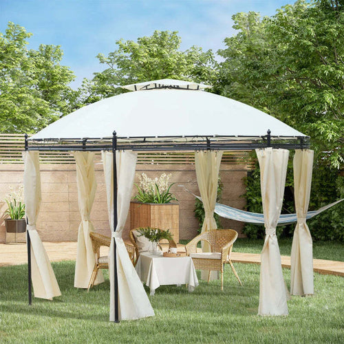 Gazebo-da-Giardino-Rotondo-con-Doppio-Tettuccio,-Cinghie-e-Tende,-Ø3.5x2.8m,-Bianco-84C-088CW