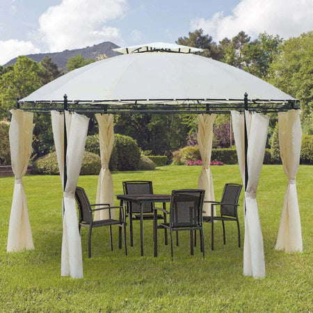 Gazebo-da-Giardino-Rotondo-con-Doppio-Tettuccio,-Cinghie-e-Tende,-Ø3.5x2.8m,-Bianco-84C-088CW