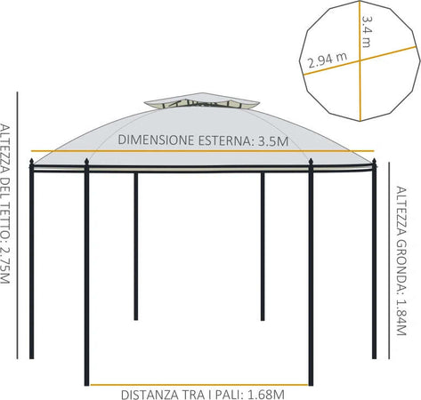 Gazebo-da-Giardino-Rotondo-con-Doppio-Tettuccio,-Cinghie-e-Tende,-Ø3.5x2.8m,-Bianco-84C-088CW