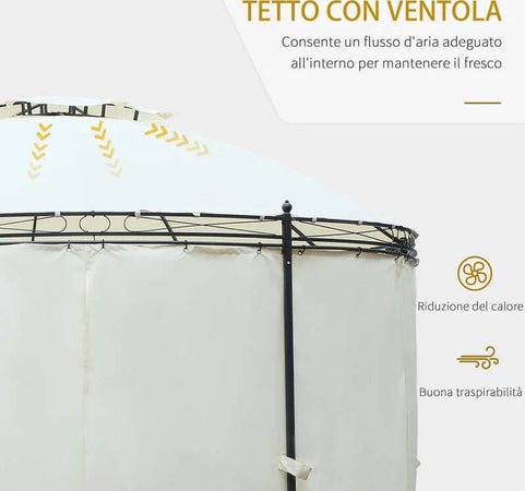Gazebo-da-Giardino-Rotondo-con-Doppio-Tettuccio,-Cinghie-e-Tende,-Ø3.5x2.8m,-Bianco-84C-088CW