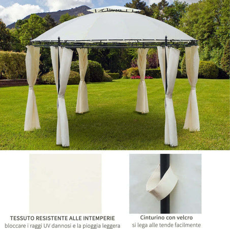 Gazebo-da-Giardino-Rotondo-con-Doppio-Tettuccio,-Cinghie-e-Tende,-Ø3.5x2.8m,-Bianco-84C-088CW
