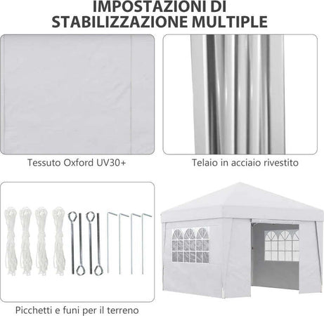 Gazebo-Pieghevole-3x3-m-con-Altezza-Regolabile,-con-Design-Pop-Up-e-Finestre,-Bianco-84C-398V01WT