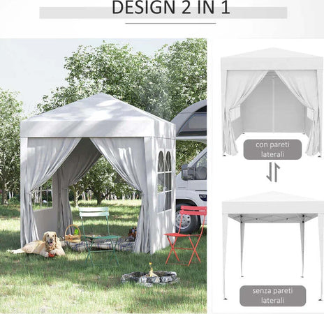 Gazebo-Pieghevole-Pop-Up-2x2-m-con-4-Pareti-Rimovibili-in-Poliestere-e-Acciaio,-Bianco-100110-066W