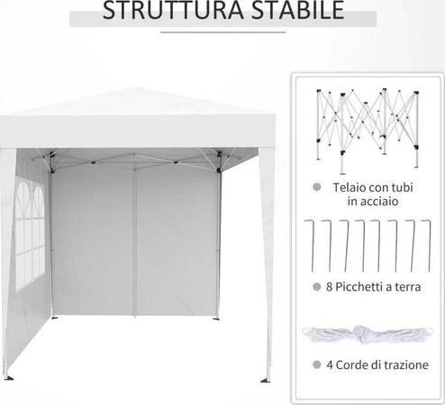 Gazebo-Pieghevole-Pop-Up-2x2-m-con-4-Pareti-Rimovibili-in-Poliestere-e-Acciaio,-Bianco-100110-066W