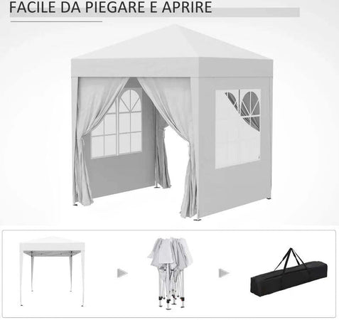 Gazebo-Pieghevole-Pop-Up-2x2-m-con-4-Pareti-Rimovibili-in-Poliestere-e-Acciaio,-Bianco-100110-066W