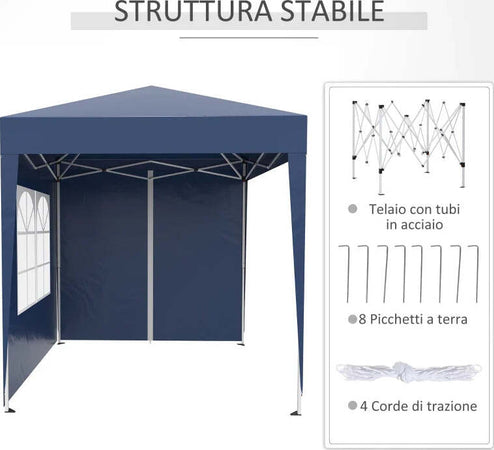 Gazebo-Pieghevole-Pop-Up-2x2-m-con-4-Pareti-Rimovibili-in-Poliestere-e-Acciaio,-Blu-100110-066B