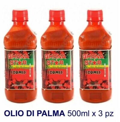 GHANA STAR 100% OLIO DI PALMA NATURALE ROSSO ZOMI RED PALM OIL 500 ML x 3 flaconi