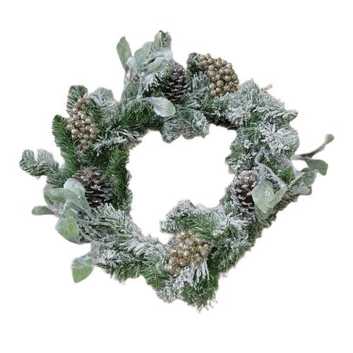 Ghirlanda tonda corona dietro porta innevato con pigne e bacche Ø 45 cm