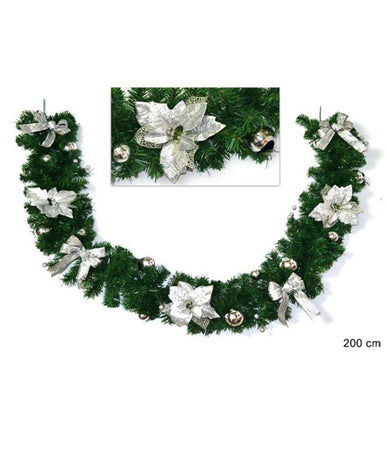 Ghirlanda Natalizia Stella Natale Fiori Palline Fiocchi 200cm Decorazioni Silver