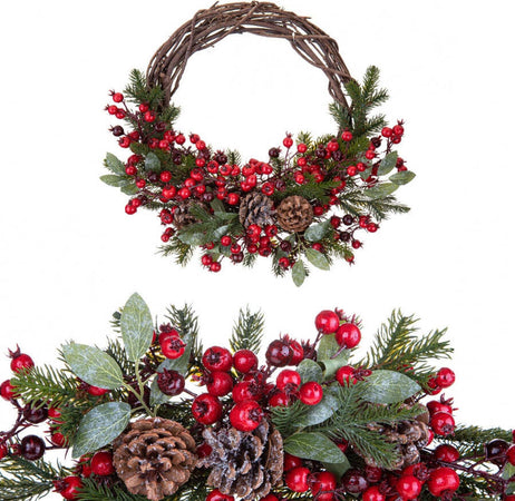 Ghirlanda retro porta natalizia decorato con bacche e pigne Ø 46 cm Casa e cucina/Decorazioni per interni/Addobbi e decorazioni per ricorrenze/Decorazioni natalizie/Orpelli e festoni MagiediNatale.it - Altamura, Commerciovirtuoso.it