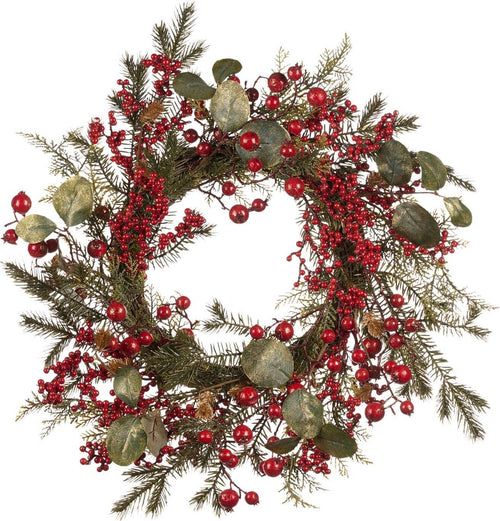 Ghirlanda-tonda-natalizia-con-bacche-rosse,-dietro-porta-da-64-cm