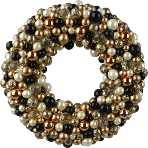 Ghirlanda-tonda-natalizia-con-sfere-oro,-nero-e-bianco,-per-dietro-porta-da-33-cm